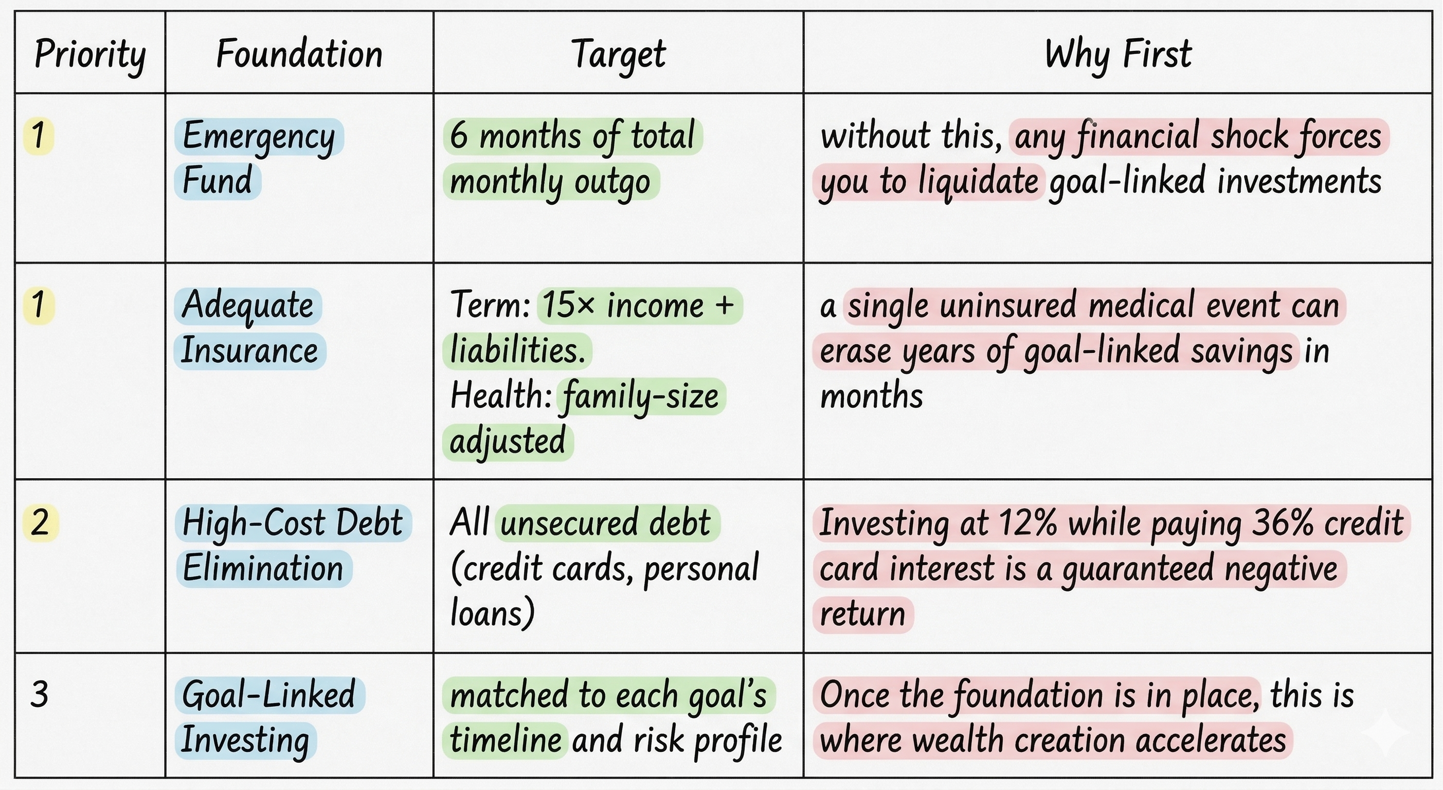 Priority table showing financial foundation sequence: emergency fund and insurance as Priority 1, high-cost debt elimination as Priority 2, and goal-linked investing as Priority 3