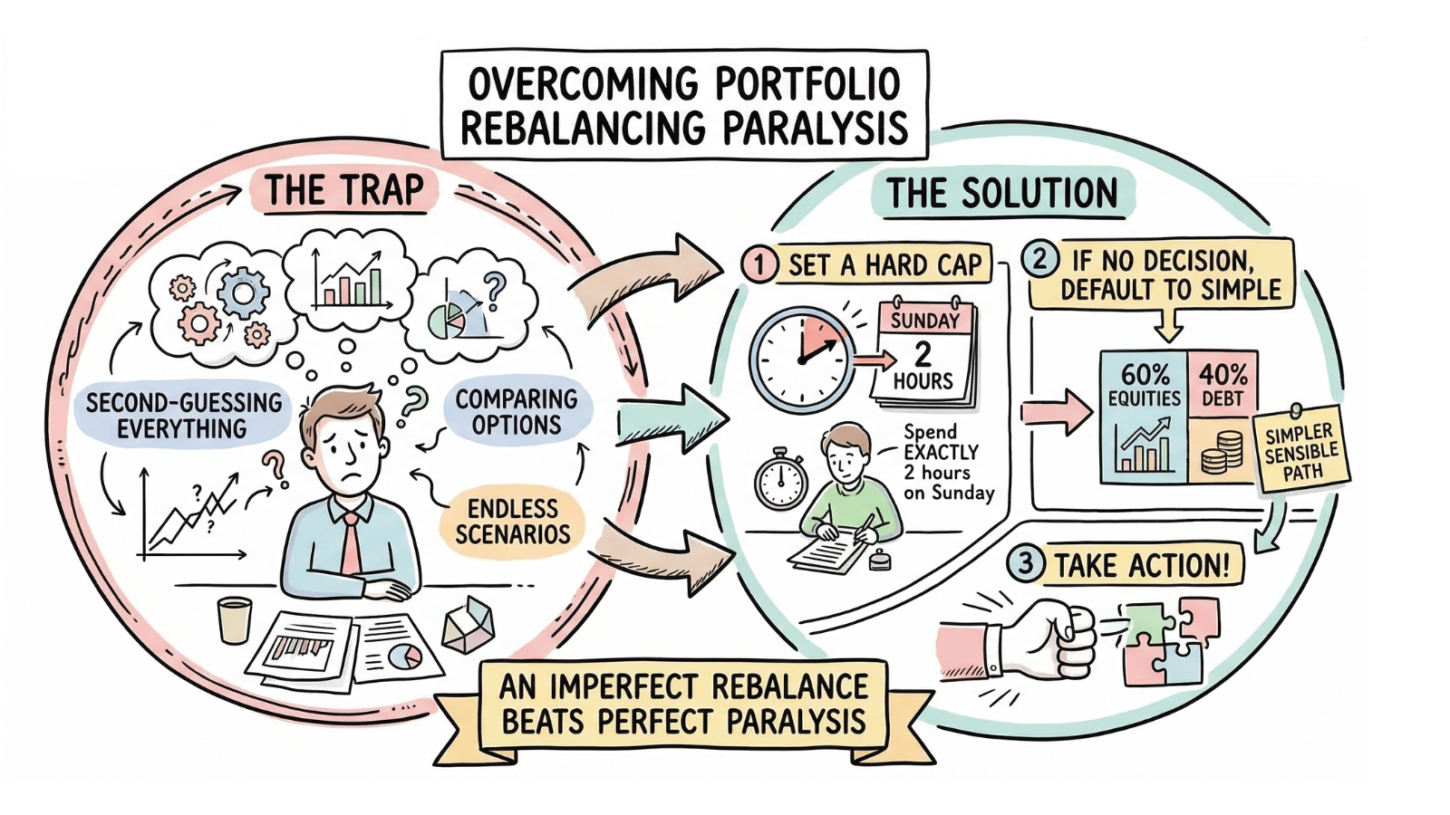 Overcoming portfolio rebalancing paralysis with the Rule of 2: the trap on the left shows a person stuck in a cycle of second-guessing comparing options and running endless scenarios, while the solution on the right shows a three-step process of setting a hard 2-hour cap on Sunday then defaulting to a simple 60/40 equity-debt split then taking action
