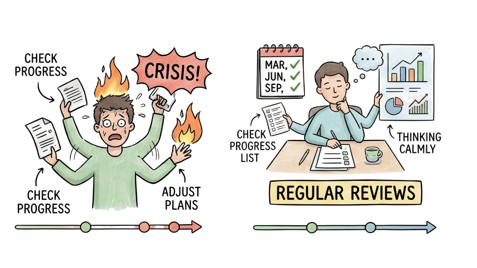  Comparison showing reactive financial crisis management on the left versus proactive quarterly financial reviews on the right