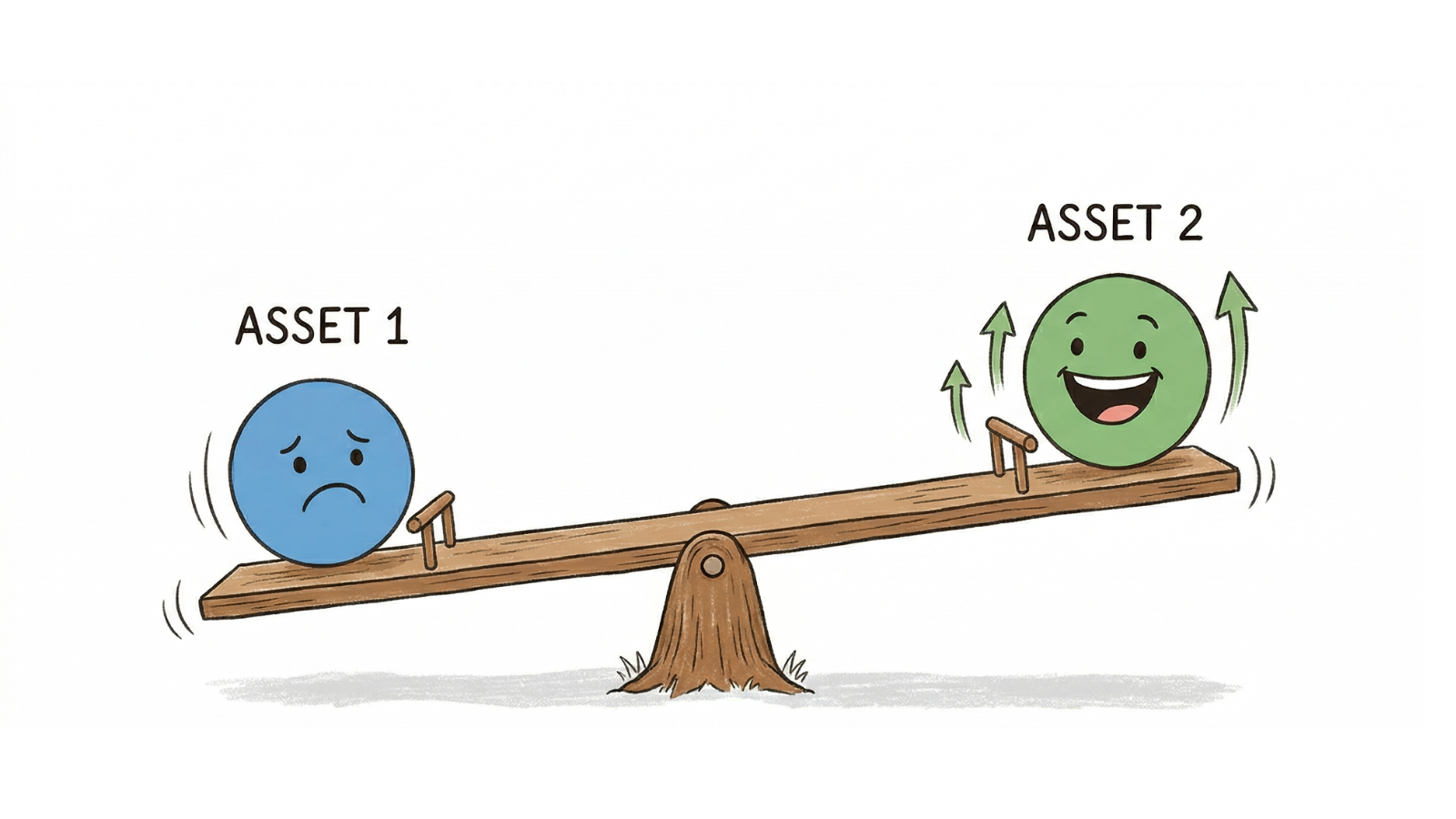 Seesaw illustration showing Asset 1 as a sad blue circle on the down side and Asset 2 as a happy green circle rising upward depicting negative correlation between asset classes