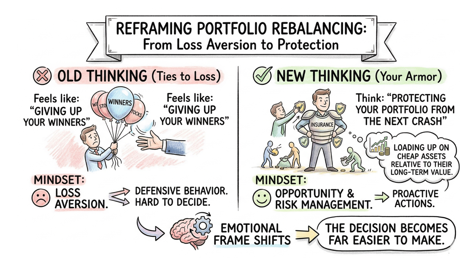 Reframing portfolio rebalancing from loss aversion to protection: old thinking on the left shows a person sadly giving up winner stocks driven by loss aversion and defensive behavior, while new thinking on the right shows a person wearing armor confidently protecting their portfolio from the next crash and loading up on cheap assets relative to long-term value