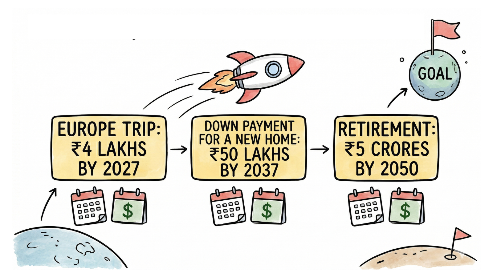Financial goal timeline showing Europe trip for ₹4 lakhs by 2027, home down payment ₹50 lakhs by 2037, and retirement corpus ₹5 crores by 2050