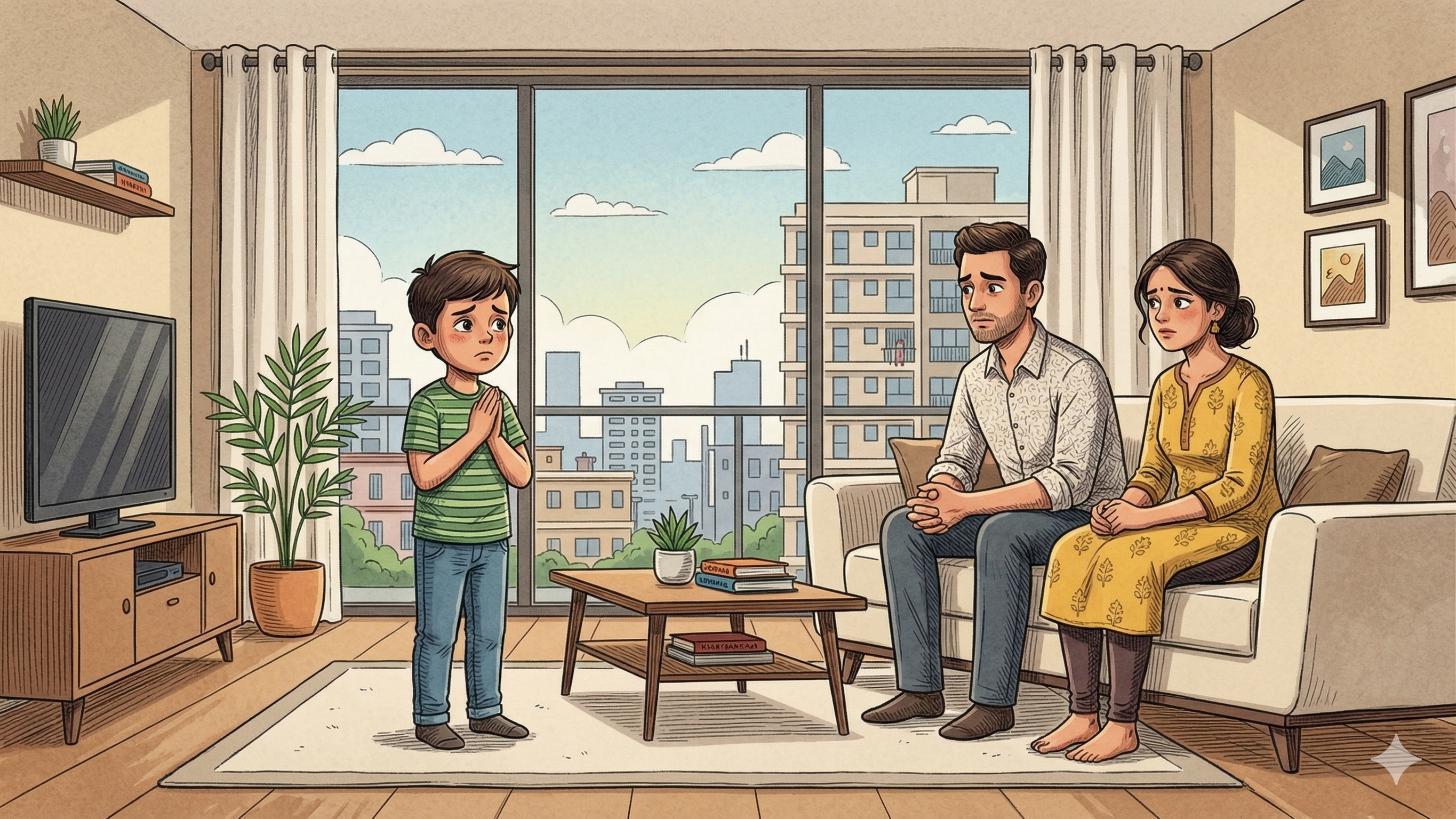 A child standing with hands clasped, looking worried, while his parents sit on the sofa with concerned expressions in an Indian urban apartment