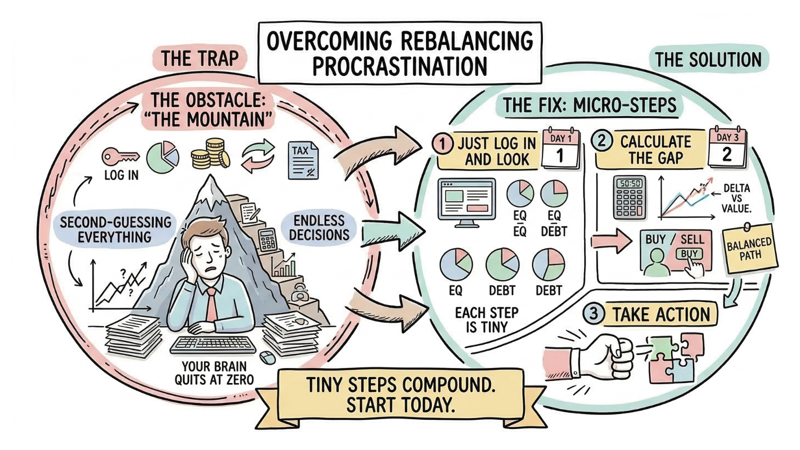 Overcoming rebalancing procrastination by lowering activation energy: the trap on the left shows a person overwhelmed by a mountain of tasks like logging in calculating deltas checking taxes and executing trades, while the solution on the right breaks it into three micro-steps across days- day 1 just log in and look, day 2 calculate the gap, day 3 take action
