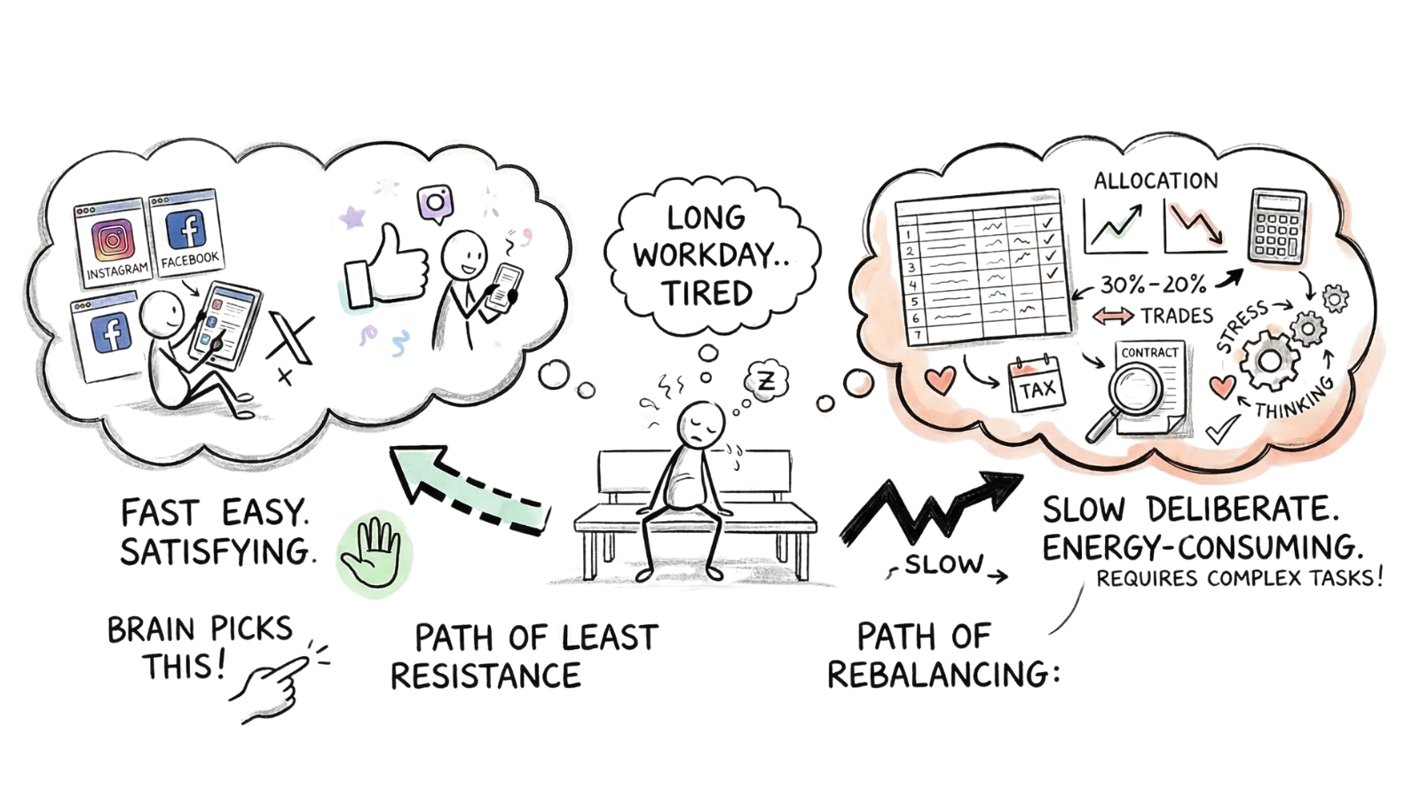 Decision fatigue and portfolio rebalancing: a tired person at a desk choosing between the path of least resistance on the left showing Instagram and social media which is fast easy and satisfying, versus the path of rebalancing on the right showing allocation tables tax documents and complex trades which is slow deliberate and energy-consuming.