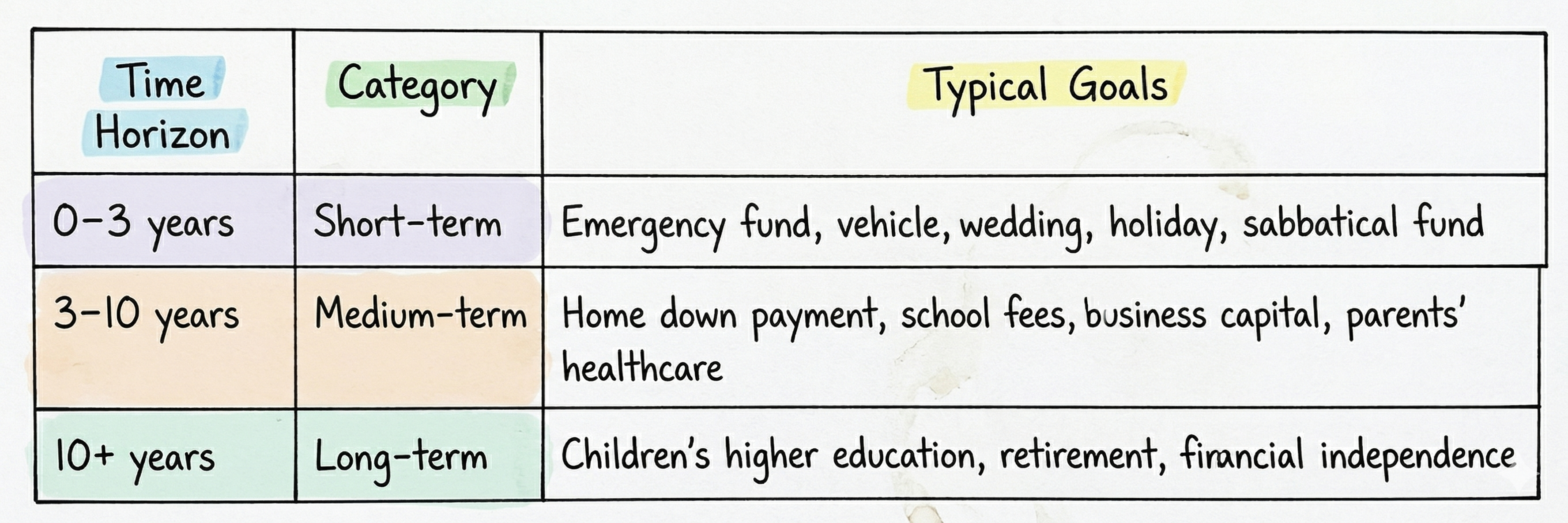Table showing three financial goal categories for Indian investors - short-term goals within 3 years, medium-term goals from 3 to 10 years, and long-term goals beyond 10 years with examples
