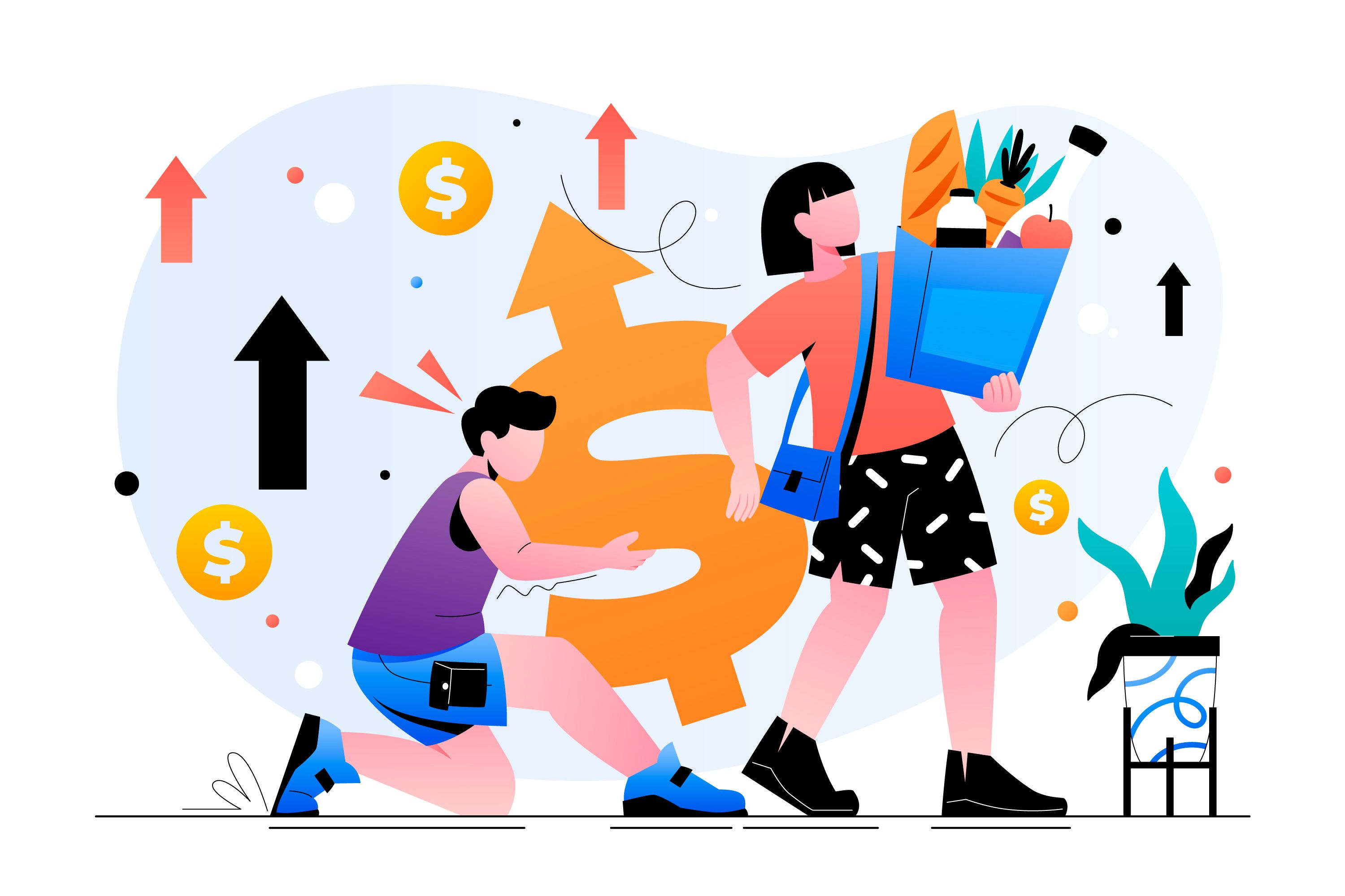Illustration of a person carrying shopping bags surrounded by rising income arrows and currency symbols representing lifestyle inflation among high-earning Indian professionals