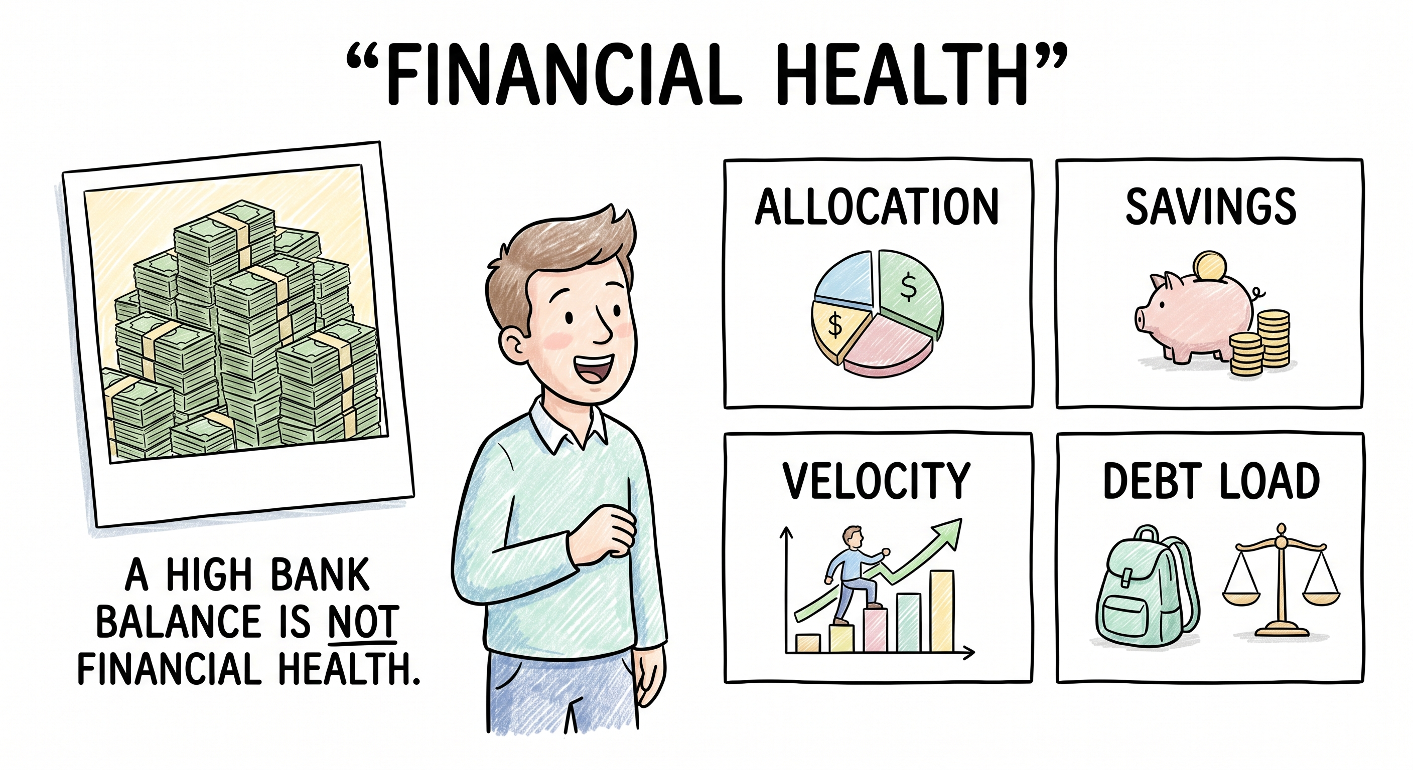 Illustration showing that a high bank balance is not financial health alongside four components of true financial health- allocation, savings, velocity, and debt load