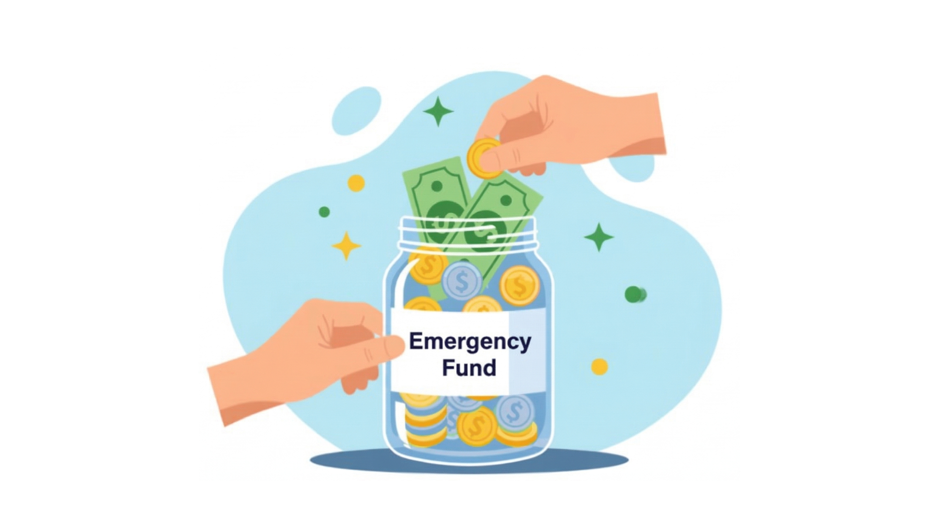 Illustration of two hands adding coins and cash notes into a glass jar labelled Emergency Fund representing liquid savings for financial emergencies