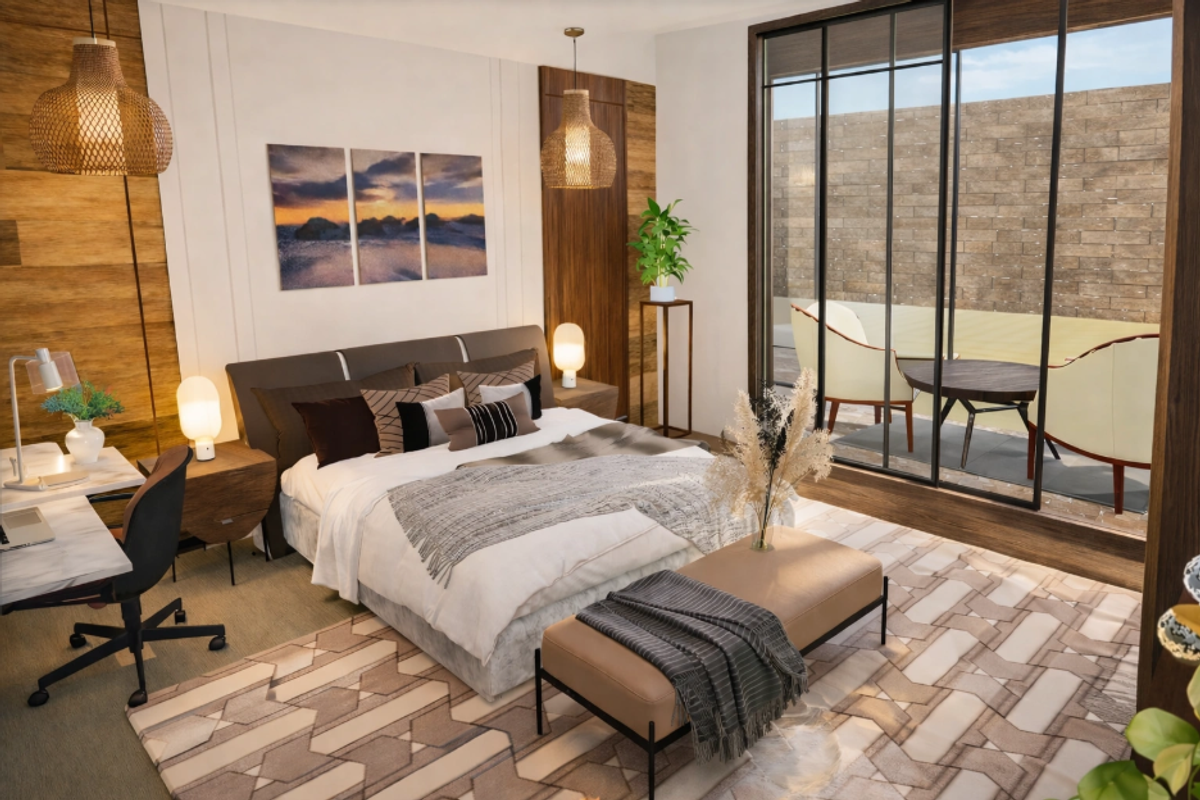 modern bedroom interior shown using hyper realistic 8k walkthroughs