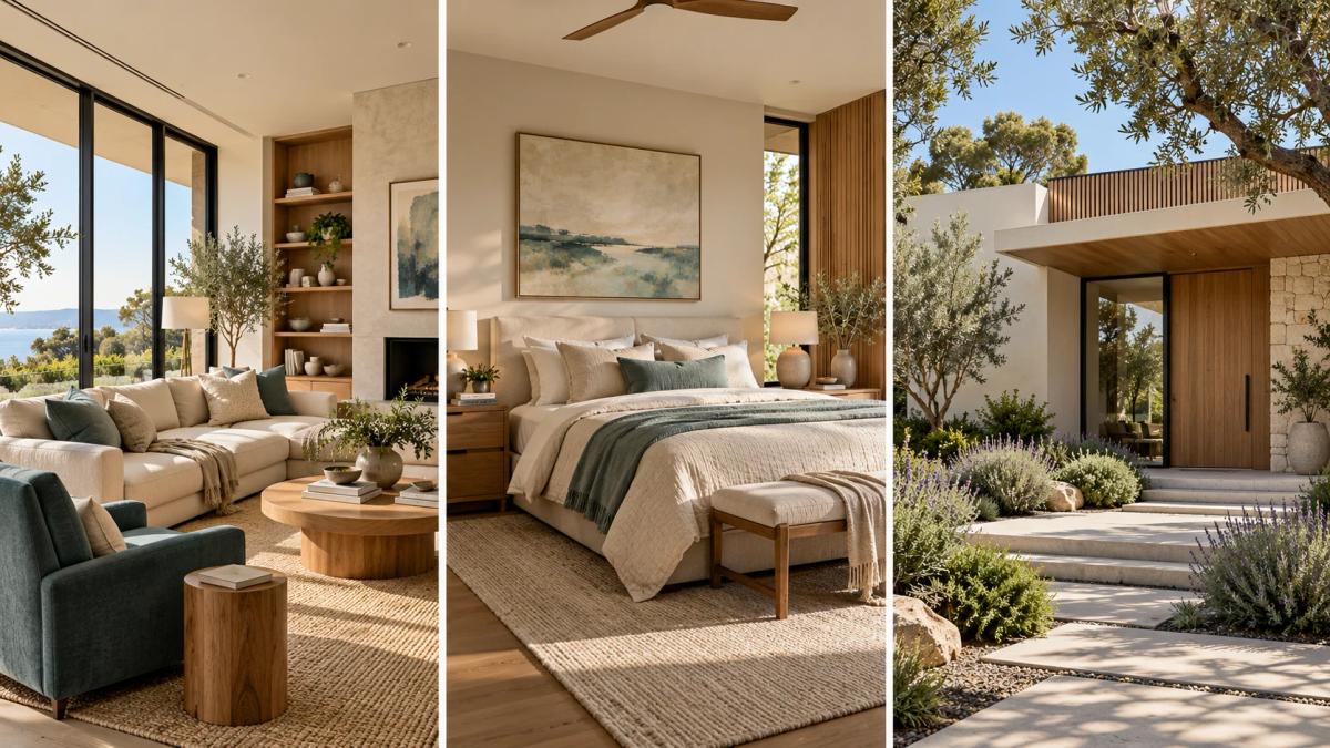 Coordinated living room, bedroom, and modern home exterior