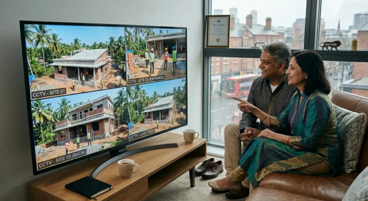 NRI homeowners remotely monitoring house construction progress in India through live CCTV feeds and digital project tracking from abroad