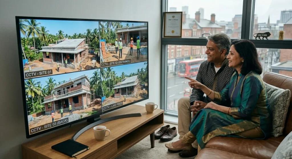 NRI homeowners remotely monitoring house construction progress in India through live CCTV feeds and digital project tracking from abroad