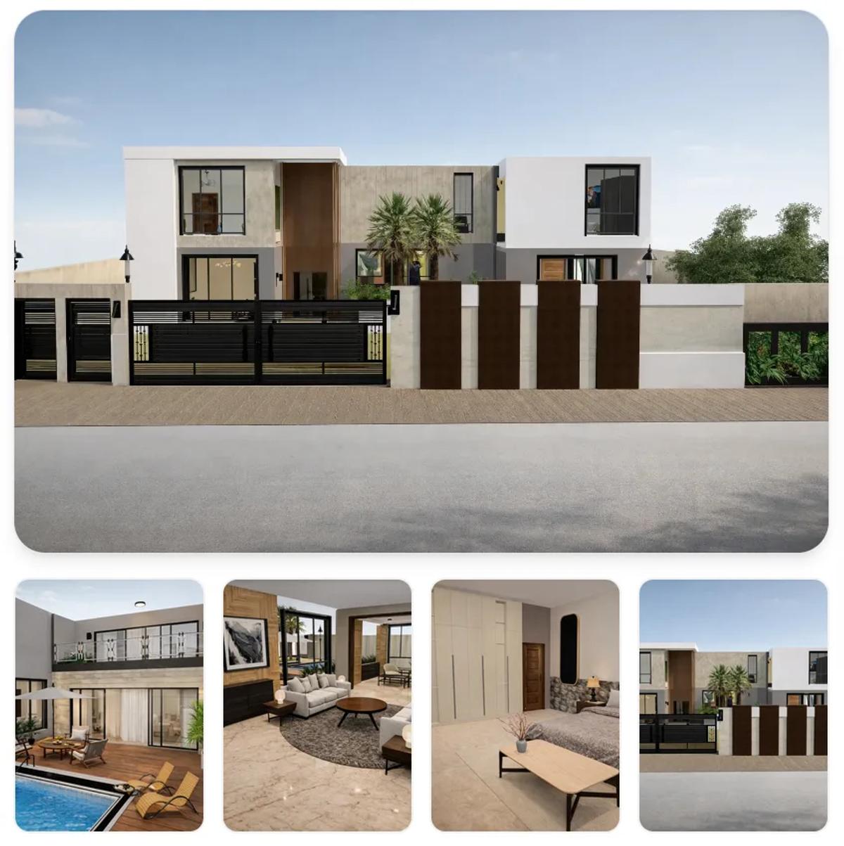 Modern two-storey villa exterior with dark facade, glass railings, and landscaped entrance, alongside four interior room thumbnails below.