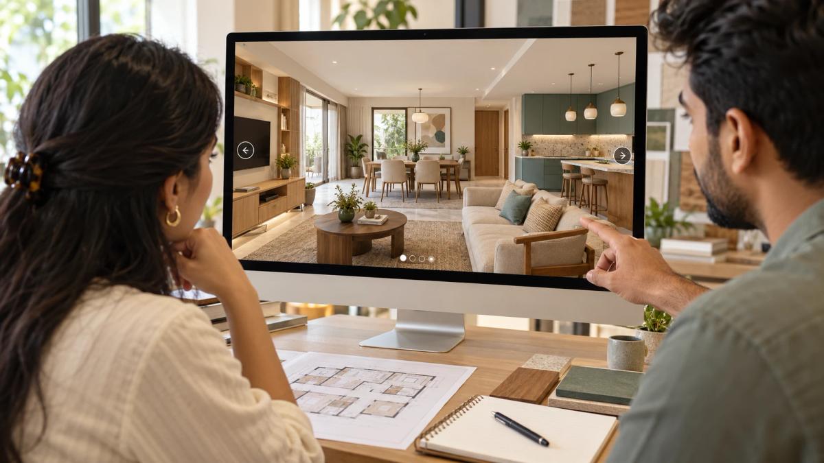 Homeowner and consultant reviewing an illustrative virtual interior tour