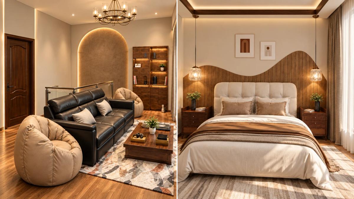Glasshaven-inspired living room and bedroom with warm timber and neutral finishes