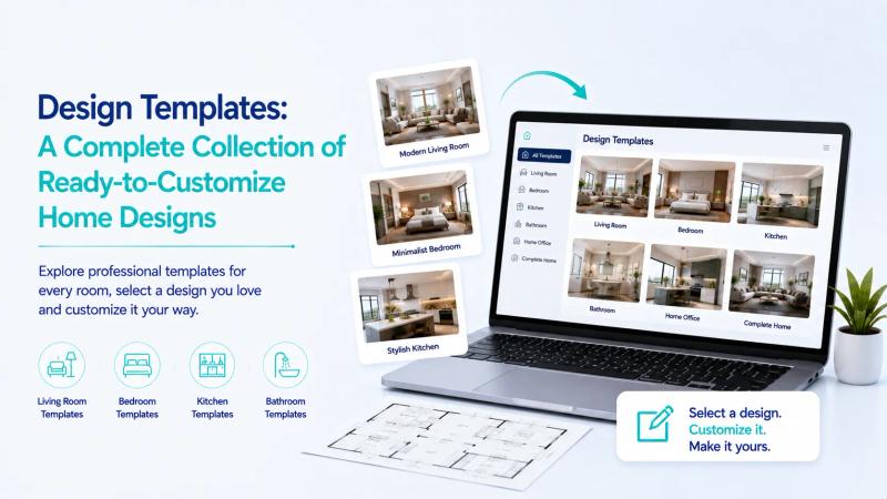 Laptop screen displaying a home design template collection webpage titled 'Complete Home Design Templates,' with thumbnail previews of house layouts.
