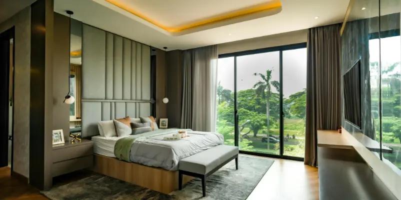 Elegant bedroom interior with black and white décor in a ground floor 25x50 house plan design