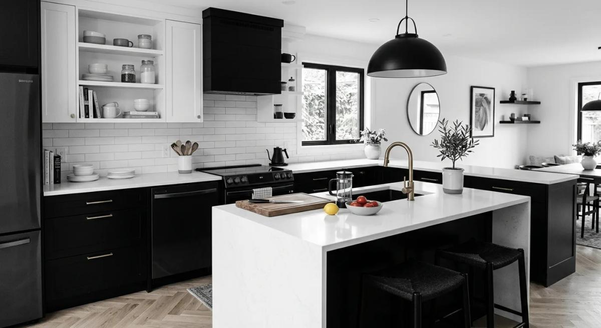 Modern black and white kitchen with a white island and black lower cabinets