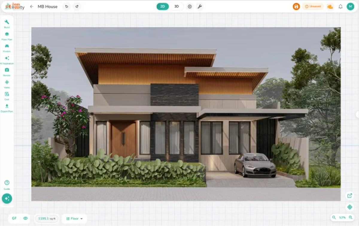 Photorealistic AI-rendered modern house exterior created from a 2D floor plan using AI home design software.