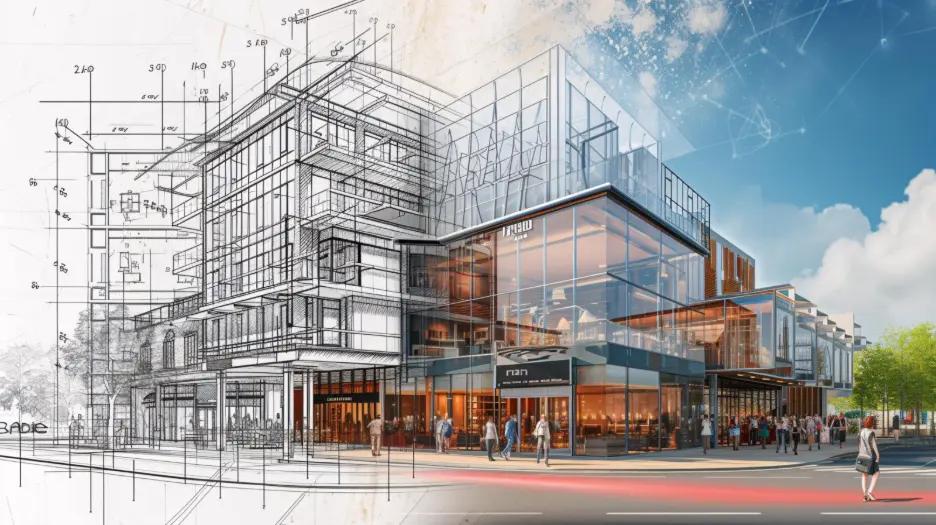 Architectural blueprint transitioning into a 3D rendered commercial building, representing Zlendo Realty civil plan creation