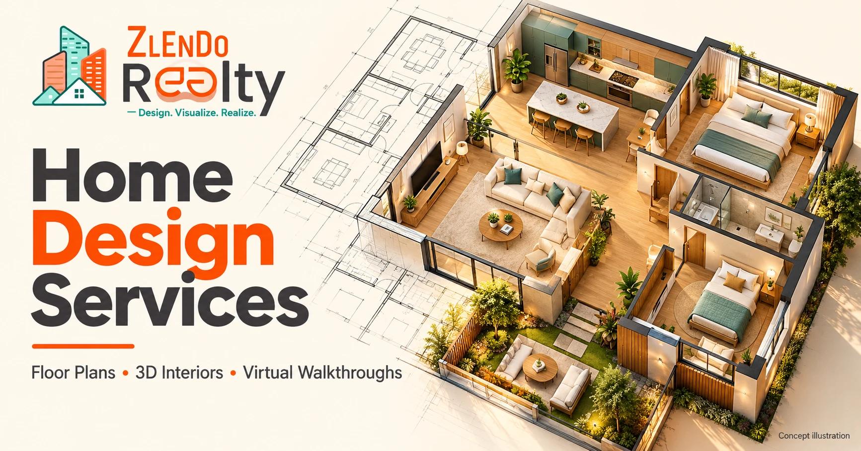 Zlendo Realty home design services cover with logo and illustrative floor plan to 3D home concept