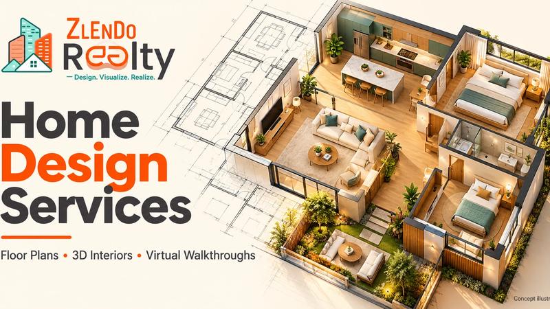 Zlendo Realty home design services cover with logo and illustrative floor plan to 3D home concept