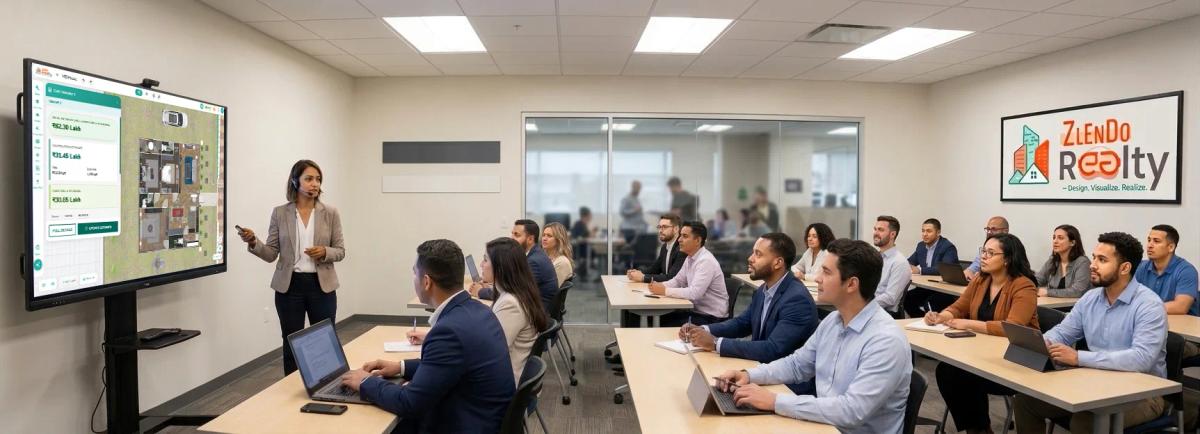 Professional training session demonstrating Zlendo Realty AI home design software, including digital floor planning, construction cost estimation, and 3D architectural visualization tools.