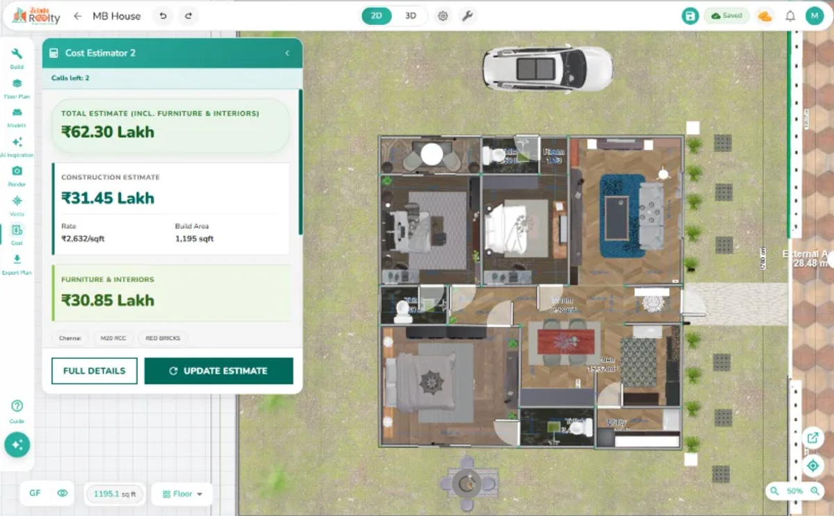 AI construction cost estimation dashboard displaying BOQ, material costs, furniture costs, and total building estimate alongside a 2D floor plan.
