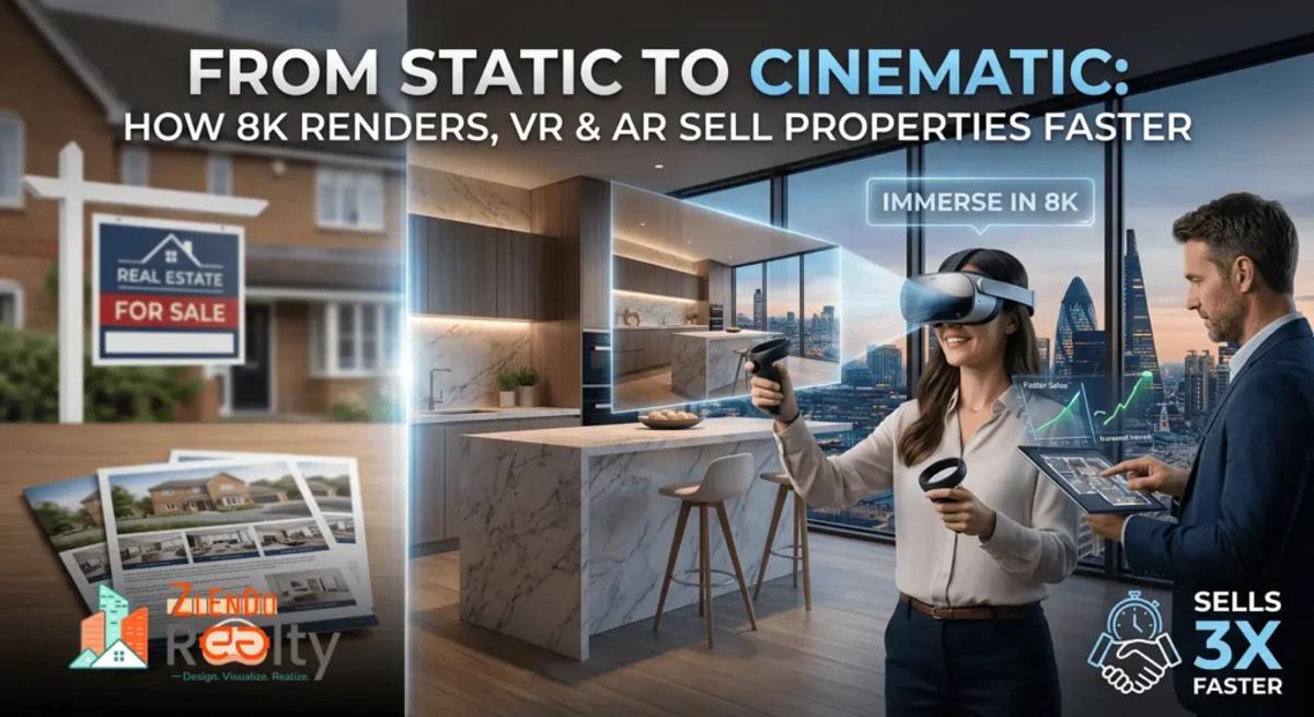 Promotional banner for Zlendo Realty showcasing the transition from static property images to cinematic visual experiences