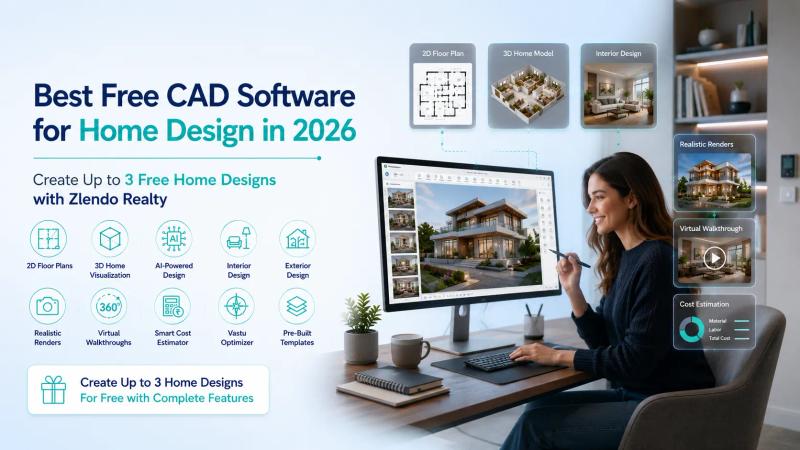 Best free CAD software for home design in 2026 by Zlendo Realty featuring AI-powered 2D floor plans, 3D home design, interior design, realistic rendering, virtual walkthroughs, cost estimation, and Vastu optimization.