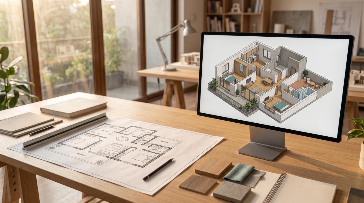 Residential blueprint on a desk beside a matching isometric 3D Indian home model on an architectural display