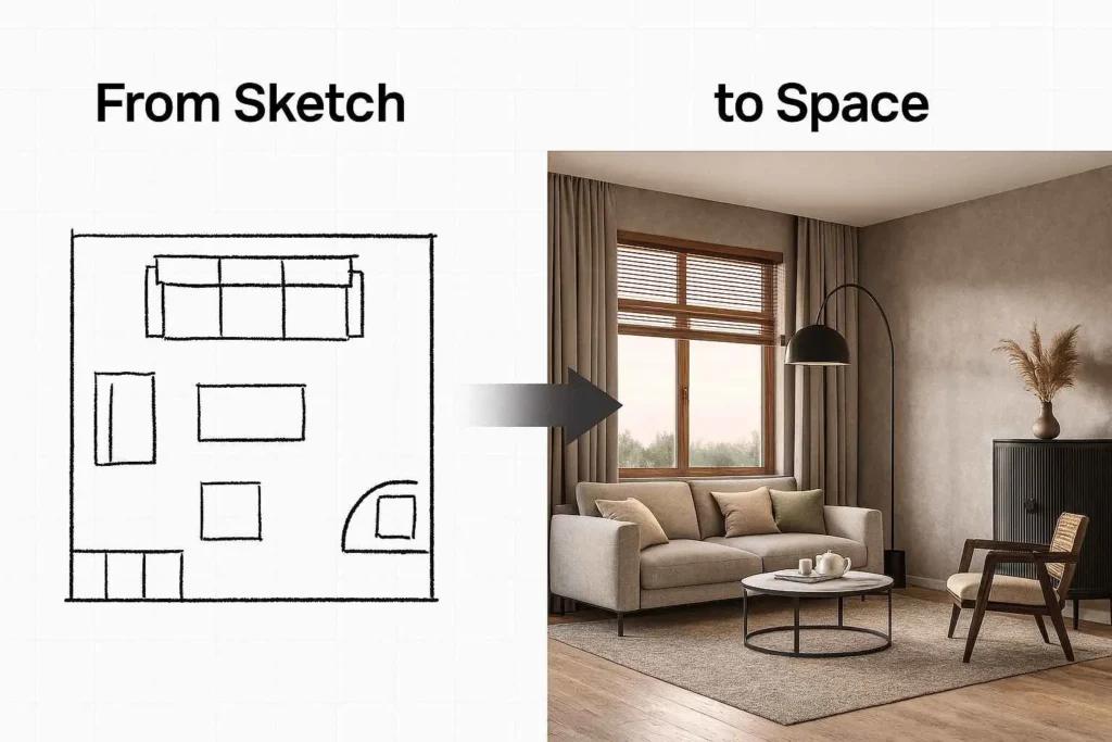 Side-by-side comparison of a 2D hand-drawn floor plan sketch transformed into a photorealistic 3D interior living room with sofa, coffee table, arc lamp, and wooden flooring