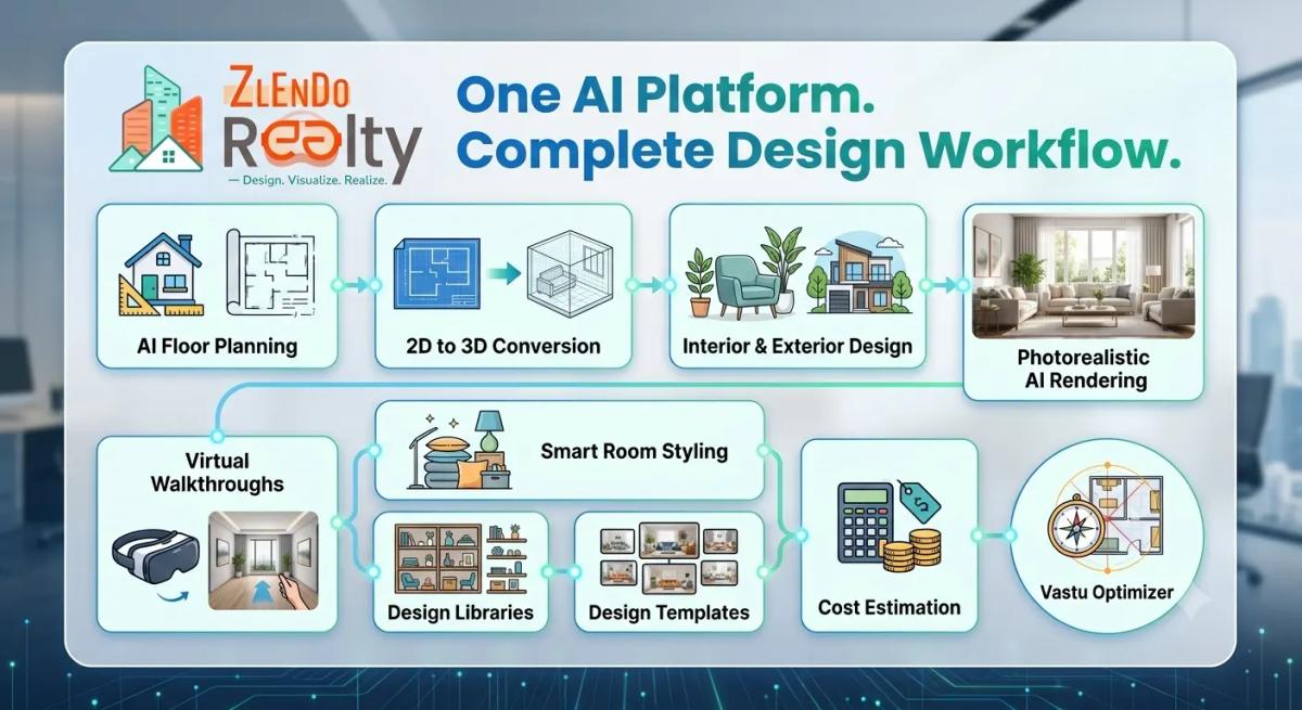 AI-powered architecture and interior design platform workflow featuring floor planning, 2D to 3D conversion, rendering, virtual walkthroughs, cost estimation, and Vastu optimization