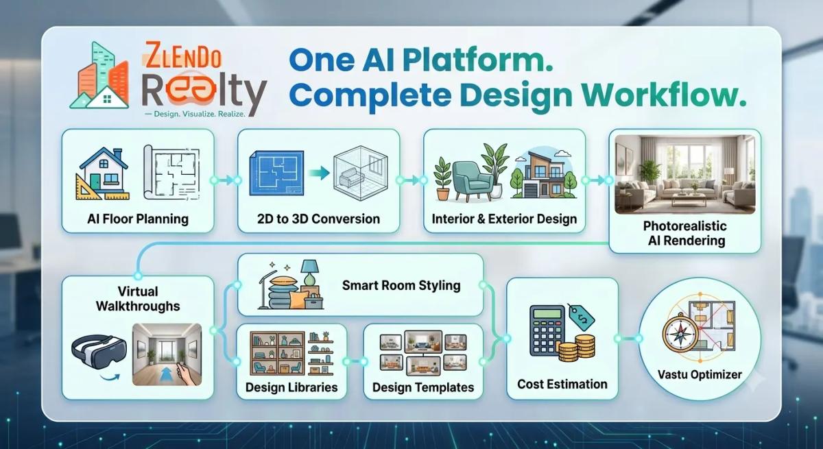 AI-powered architecture and interior design platform workflow featuring floor planning, 2D to 3D conversion, rendering, virtual walkthroughs, cost estimation, and Vastu optimization