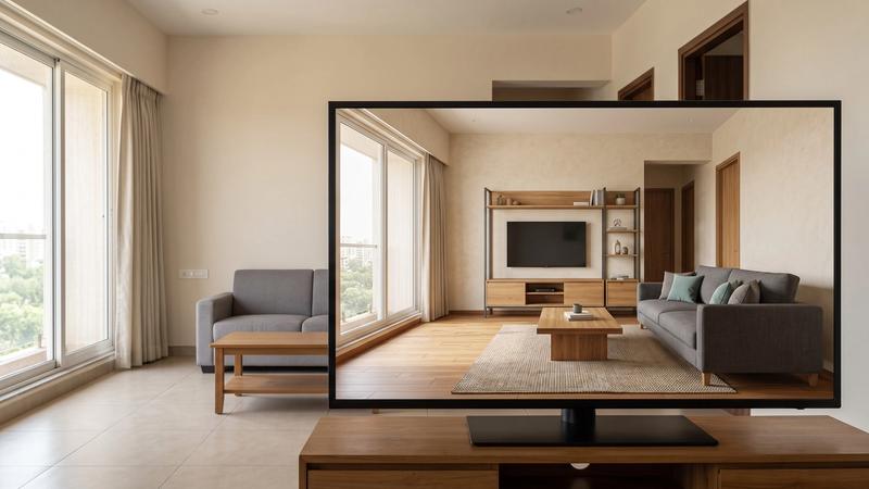 Contemporary Indian living room beside a monitor displaying its matching warm-modern redesign