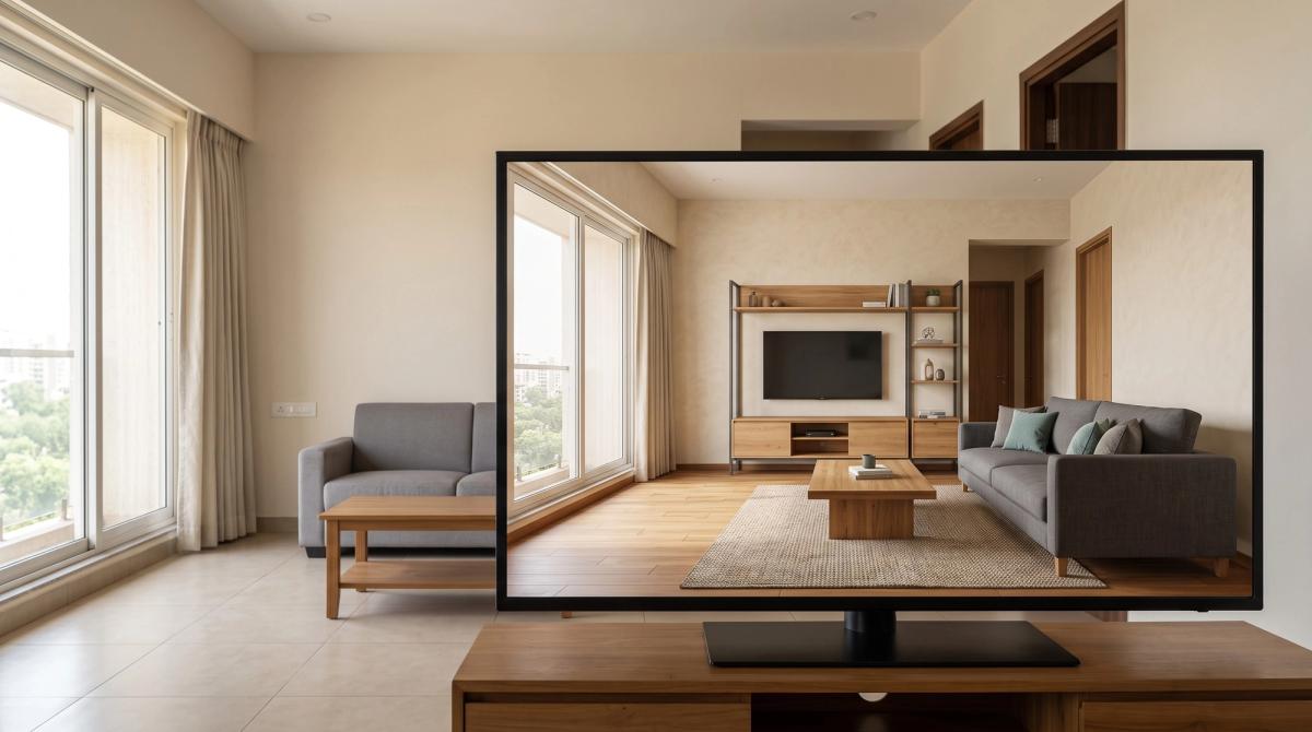Contemporary Indian living room beside a monitor displaying its matching warm-modern redesign