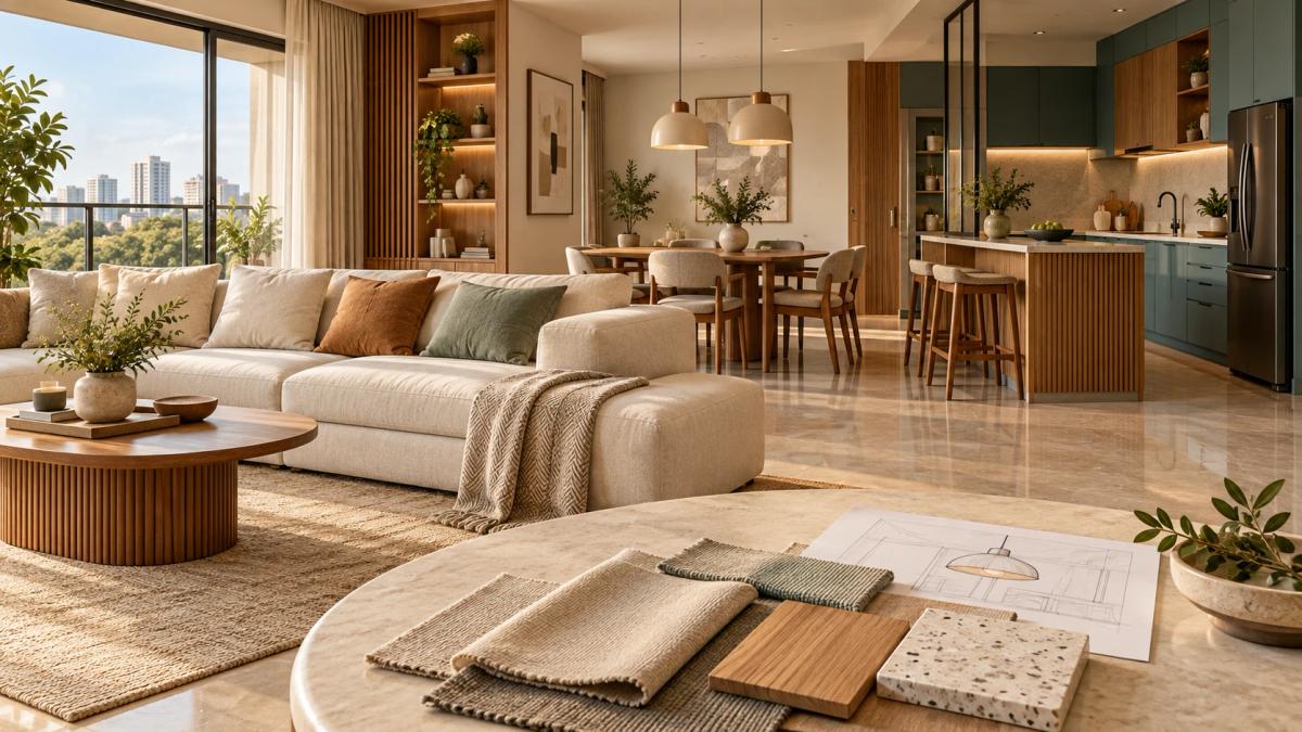 Contemporary living and dining interior with kitchen and material samples