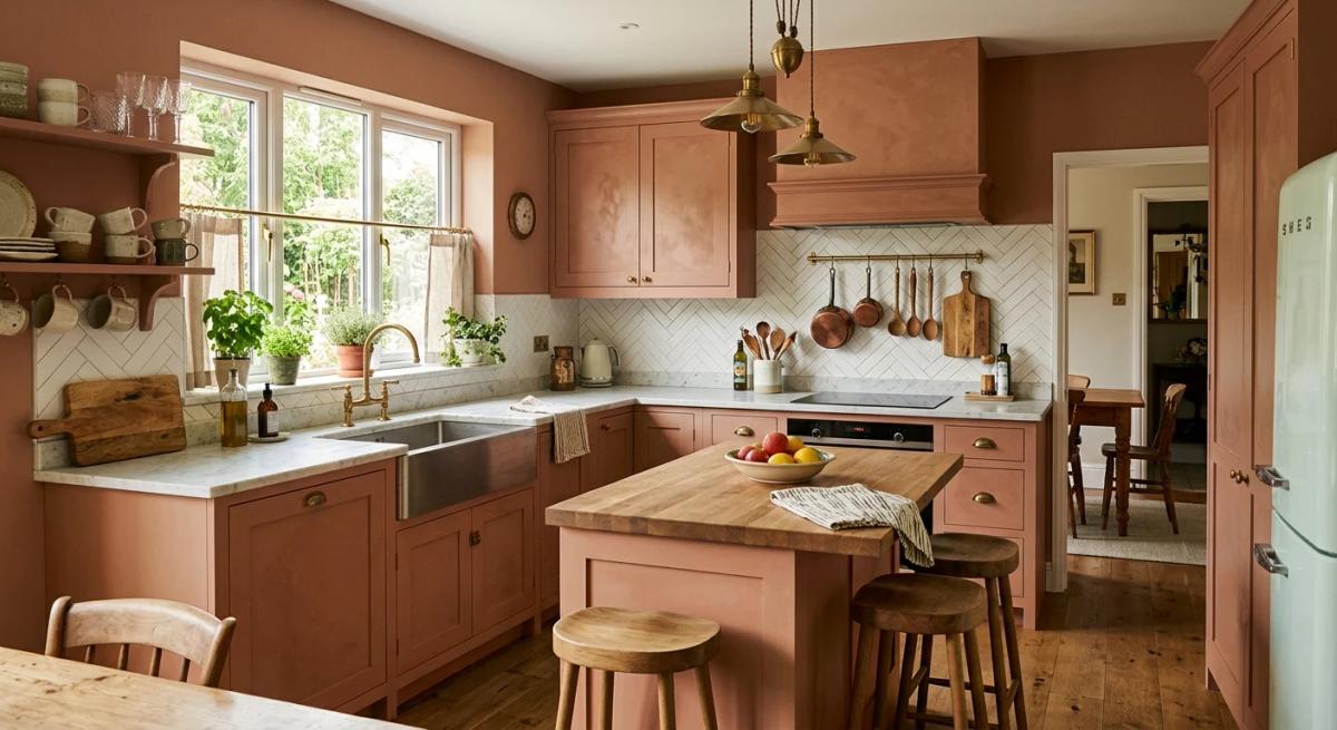 Terracotta and earth-tone kitchen with warm wood cabinets and natural textures