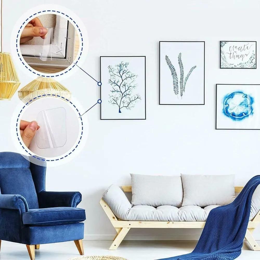 Removable poster tape applied to the back of a poster for damage-free wall mounting.