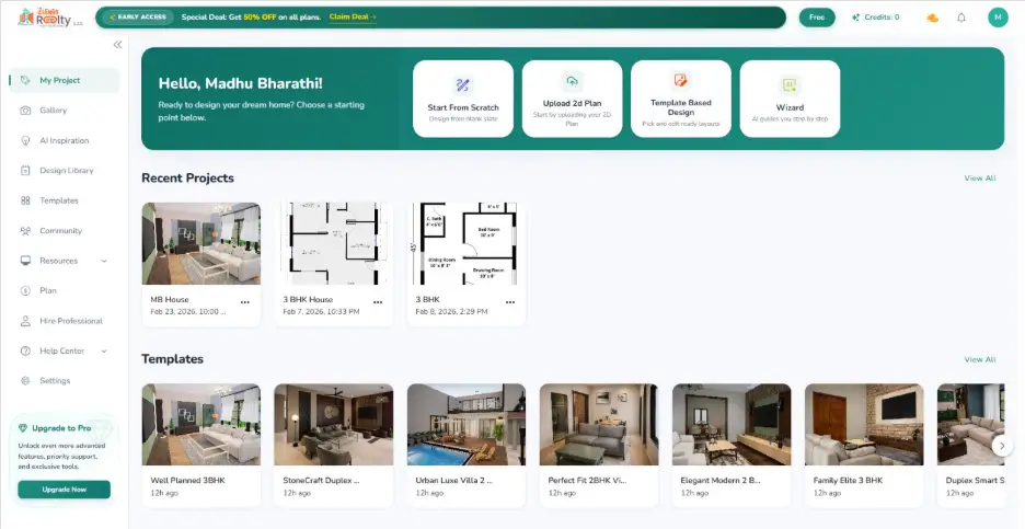 Zlendo Realty dashboard showing AI home design tools, floor plan templates, project management, and digital house planning interface.