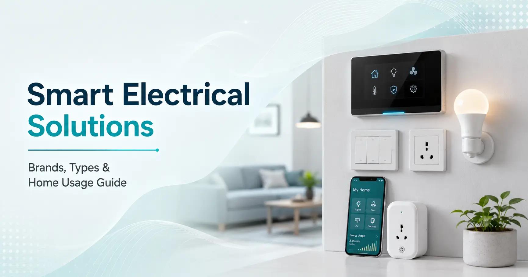 Smart electrical solutions guide showing smart switches, smart plug, mobile app control panel and LED bulb for home automation