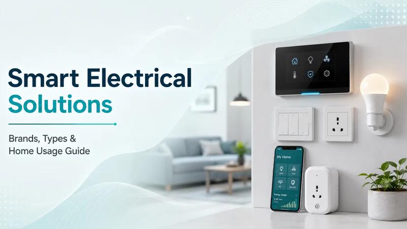 Smart electrical solutions guide showing smart switches, smart plug, mobile app control panel and LED bulb for home automation