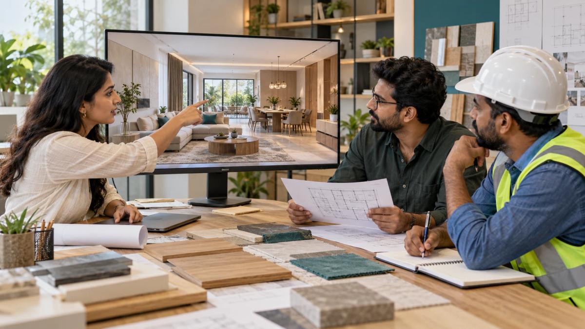 Architects and a builder discussing a home interior visualization