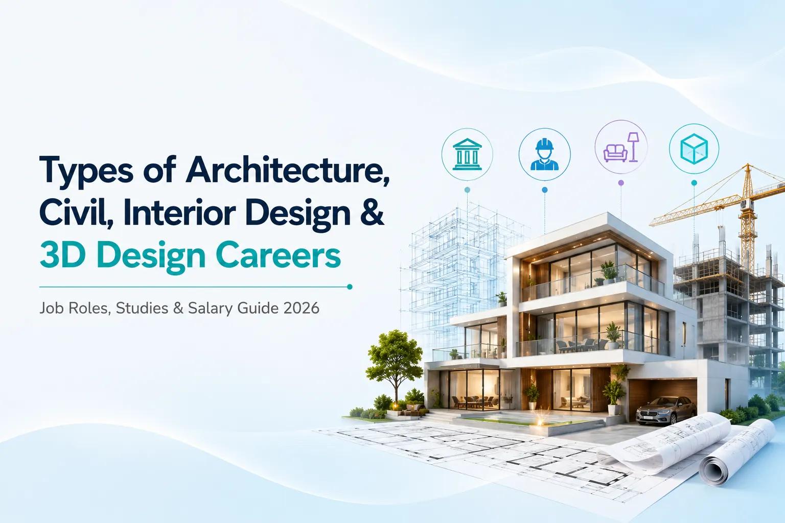 Career guide for architecture, civil engineering, interior design, and 3D design showcasing modern home construction, architectural blueprint, and building development