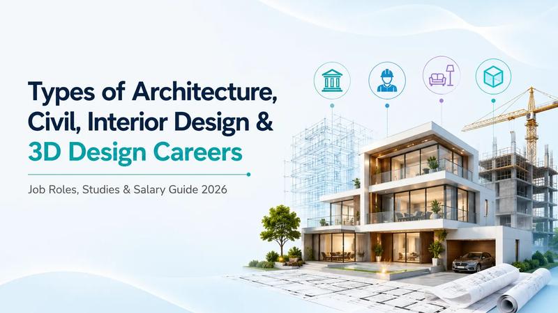 Career guide for architecture, civil engineering, interior design, and 3D design showcasing modern home construction, architectural blueprint, and building development