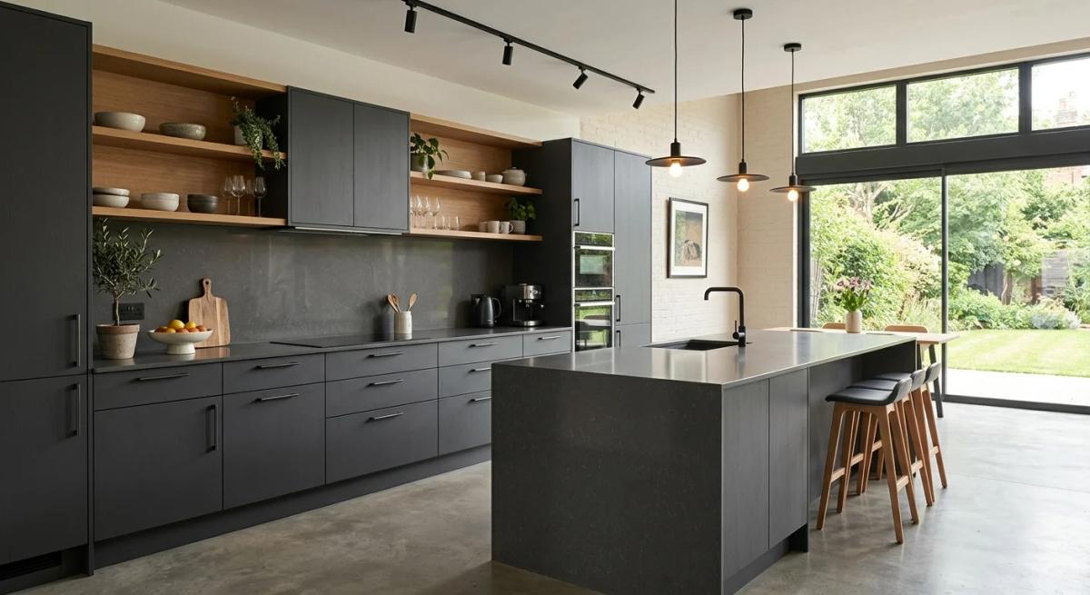 Sleek charcoal grey kitchen with matte cabinets and pendant lighting