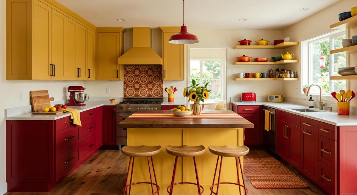 Two-tone kitchen with red lower cabinets, yellow walls, and a wooden dining table