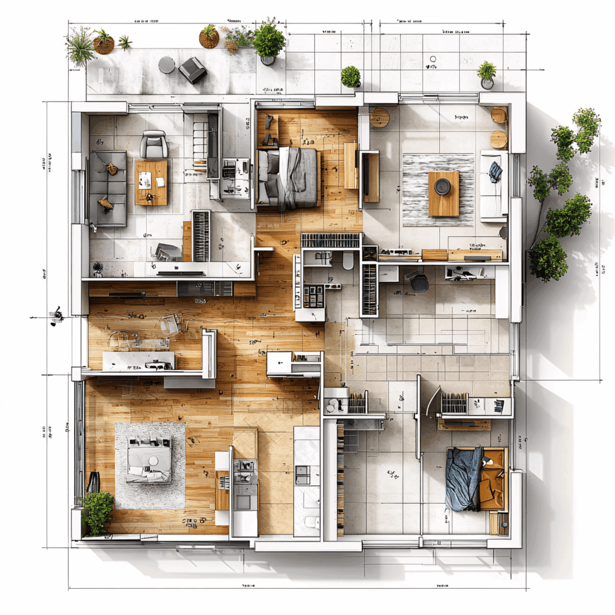 3D rendered floor plan with furniture layout showing bedroom, living room, kitchen, and office spaces