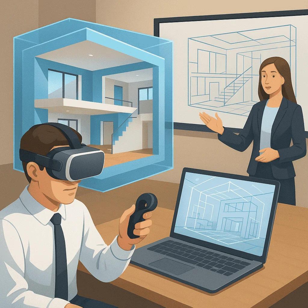 An architect presenting a 2D blueprint while a client uses a VR headset to experience an immersive 3D interior room model displayed on a laptop